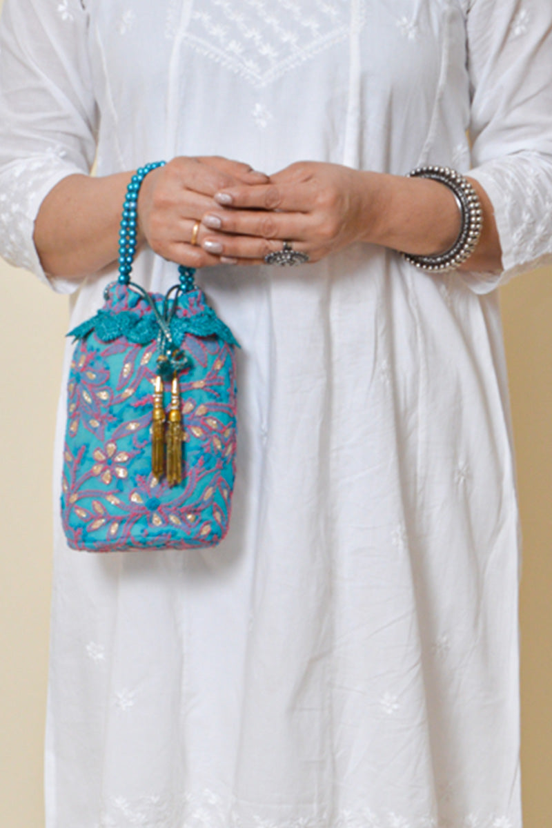 Fabnuma Handcrafted Blue Chikankari Potli Bag - Fabnuma