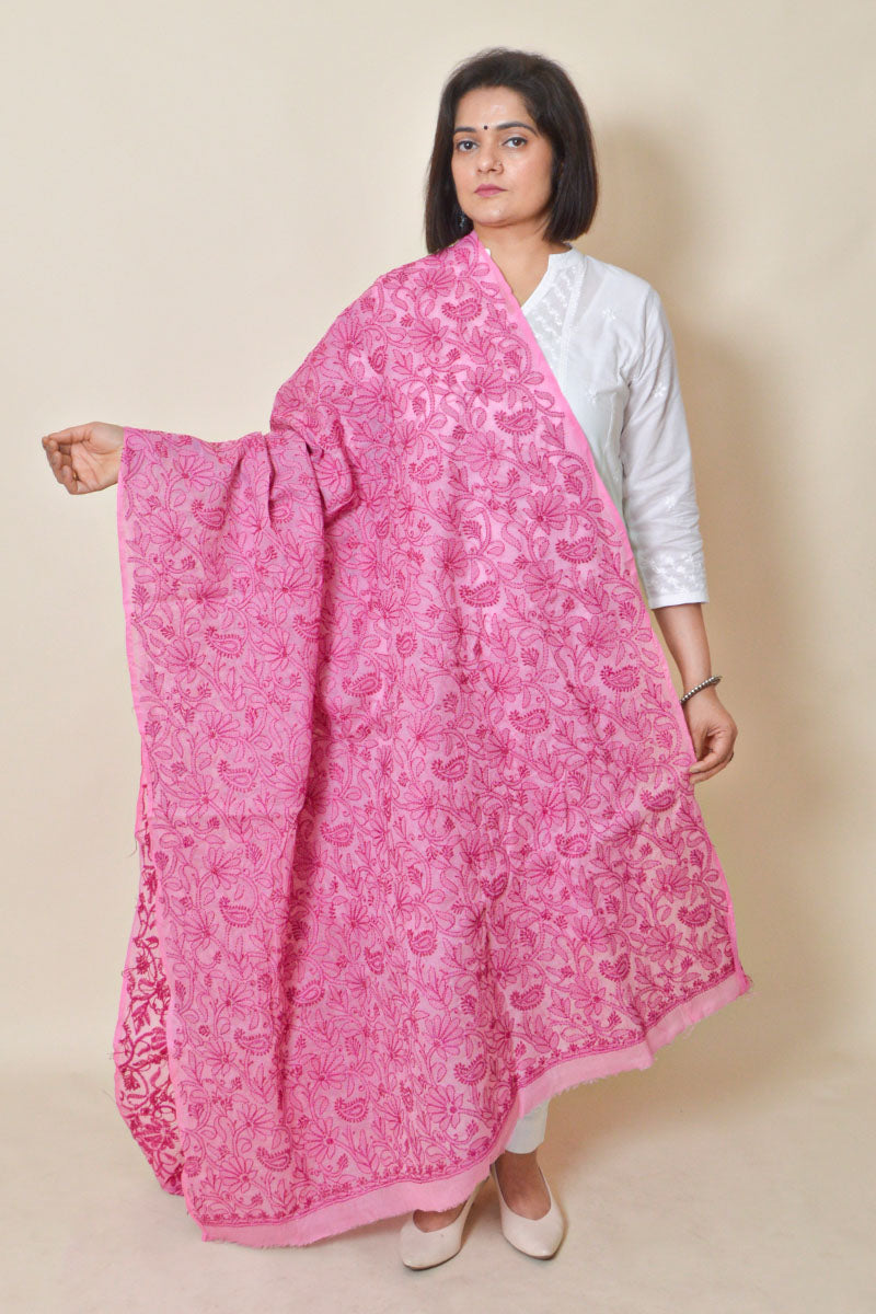 Fabnuma Handcrafted Pink Cotton Allover Chikankari Dupatta with intricate floral embroidery, worn over white attire.