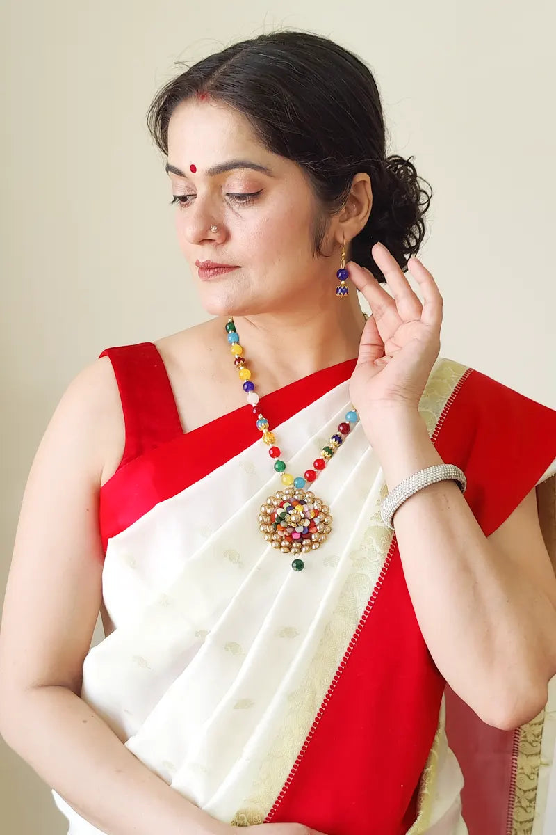 Fabnuma Handcrafted Multi Beaded Neckpiece Ston Plated Pendant-Dangle Earrings - Fabnuma