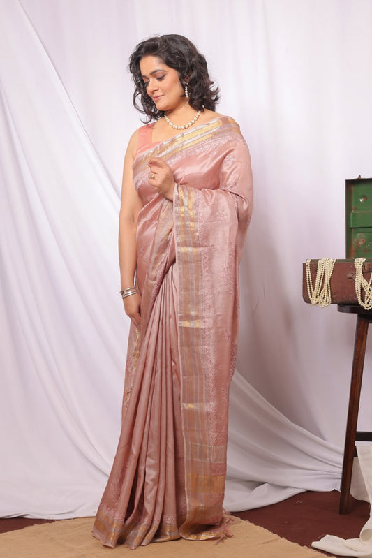 MeMaana Handcrafted Bronze Tussar Silk Zari Border Chikankari Saree-Blouse Fabnuma