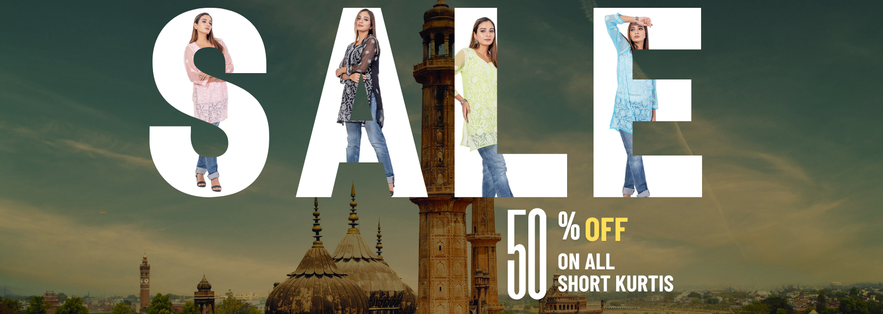 Promotional banner for sale on short kurtis with architectural background