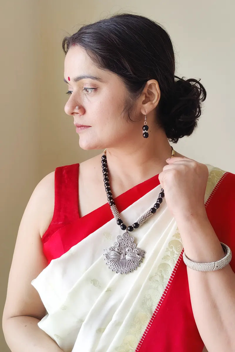 Fabnuma Handcrafted Black Beaded Neckpiece Oxidize Plated Pendant & Dangle Earrings - Fabnuma