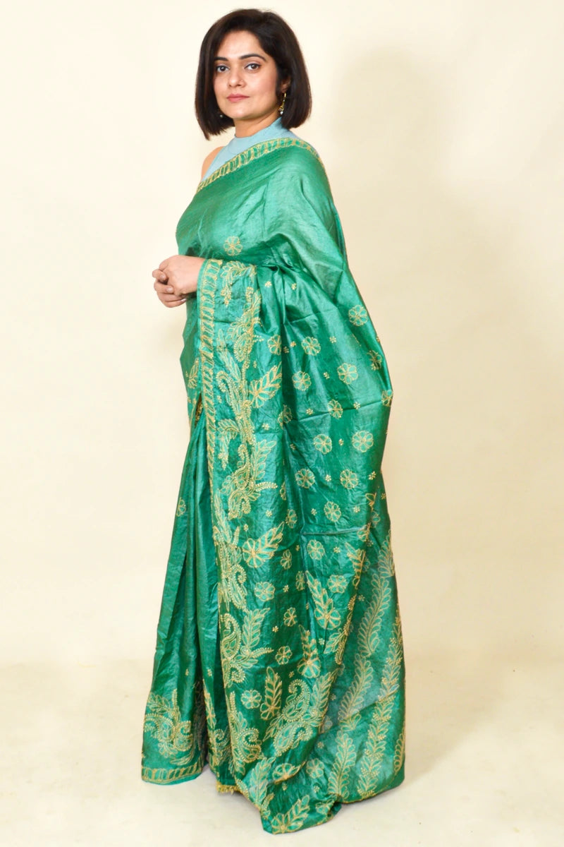 Fabnuma Handcrafted Teal Green Tussar Silk Chikankari Saree-Blouse - Fabnuma