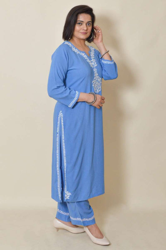 Fabnuma Handcrafted Blue Rayon Cotton Chikankari Kurta Bottom Set - Fabnuma