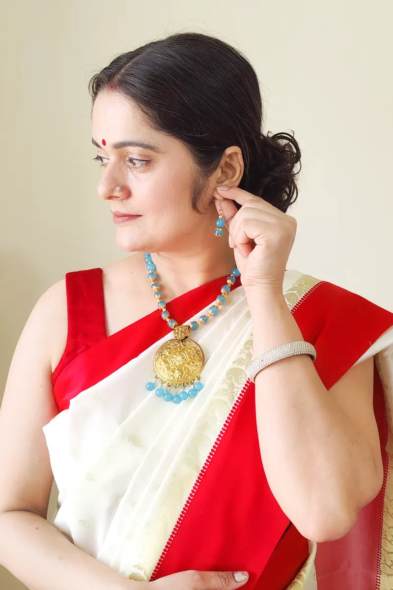 Fabnuma Handcrafted Sky Blue Neckpiece Golden Oxidise Pendant & Dangle Earrings - Fabnuma