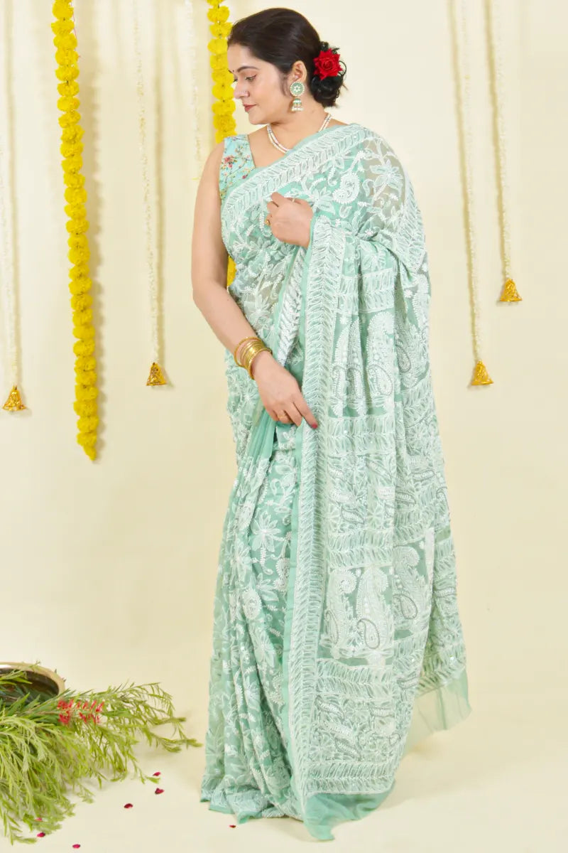 Fabnuma Handcrafted Pista Green Georgette Chikankari Saree-Blouse - Fabnuma