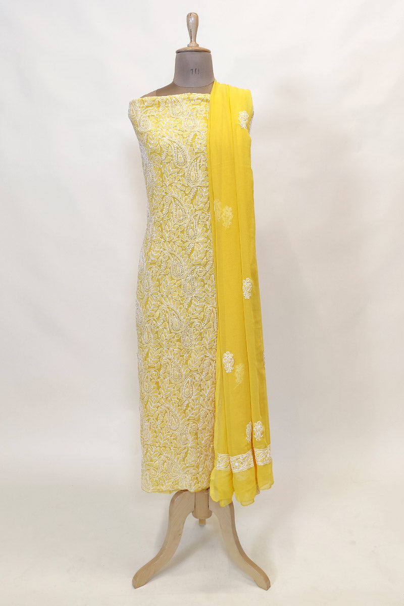 Fabnuma Handcrafted Yellow Georgette Chikankari 3Pcs Unstiched Suit Set - Fabnuma