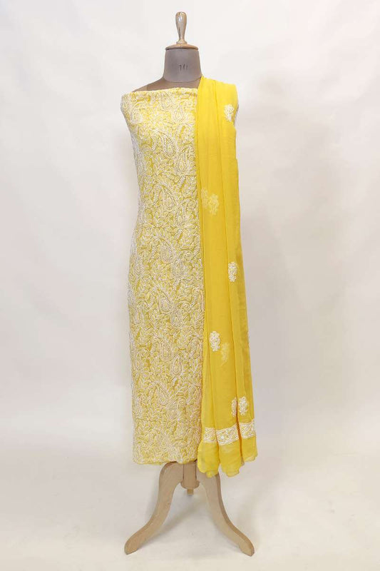 Fabnuma Handcrafted Yellow Georgette Chikankari 3Pcs Unstiched Suit Set - Fabnuma