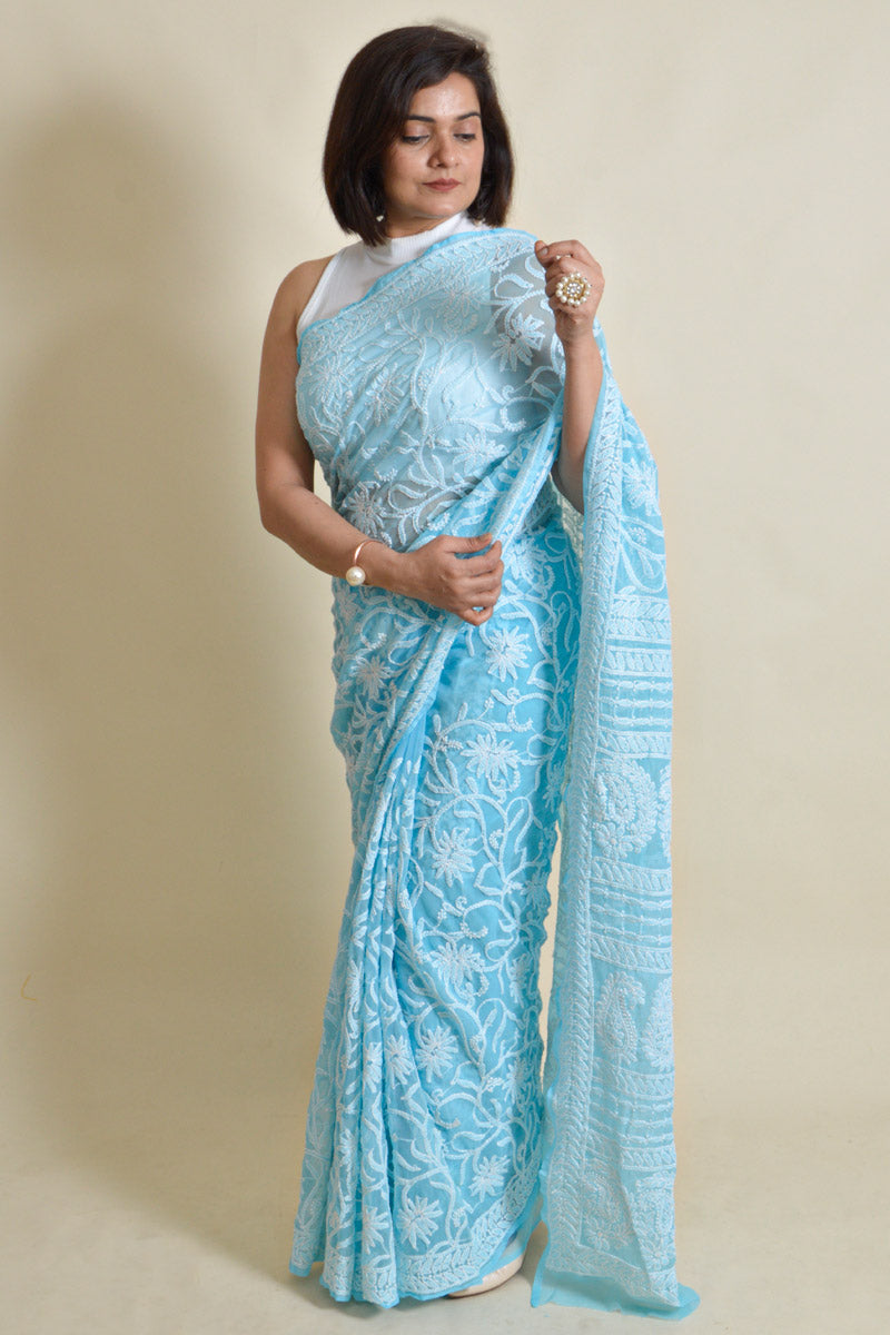 Fabnuma Handcrafted Sky Blue Georgette Chikankari Saree-Blouse - Fabnuma