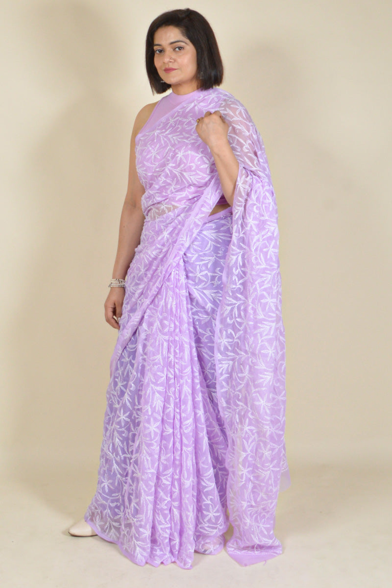 Fabnuma Handcrafted Lavender Georgette Tepchi Chikankari Saree-Blouse - Fabnuma