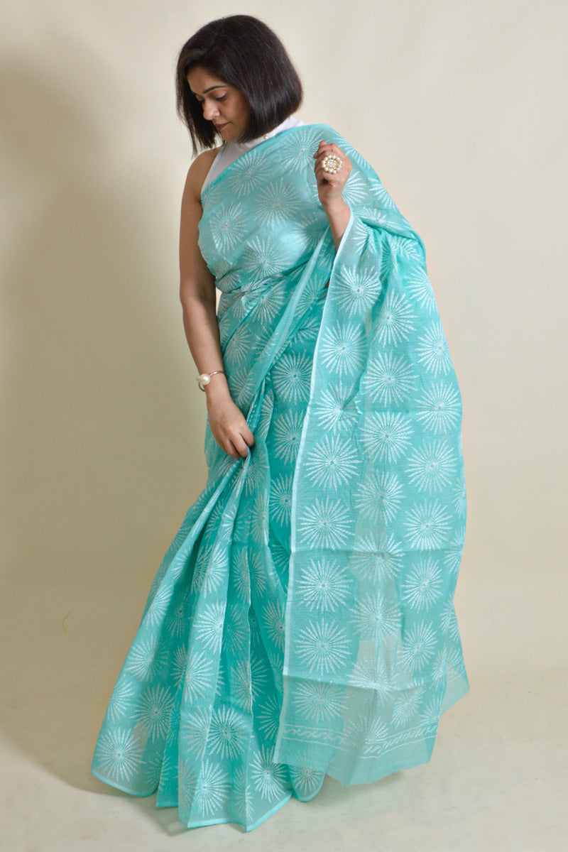 Fabnuma Handcrafted Sea Green Kota Cotton Chikankari Saree-Blouse - Fabnuma