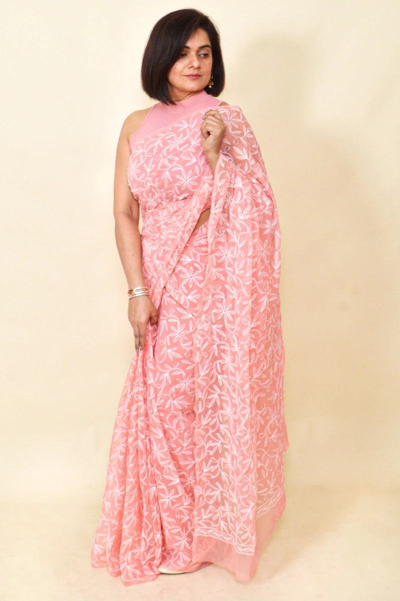 Fabnuma Handcrafted Peach Georgette Chikankari Tepchi Saree-Blouse - Fabnuma