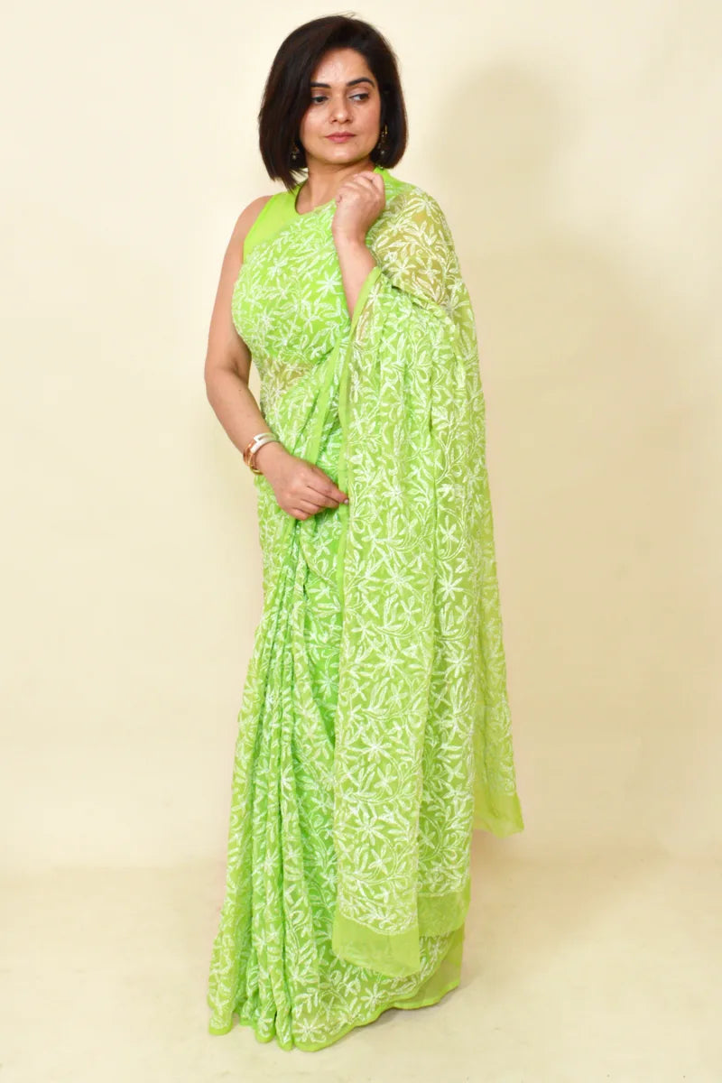 Fabnuma Handcrafted Light Green Georgette Tepchi Chikankari Saree & Blouse - Fabnuma
