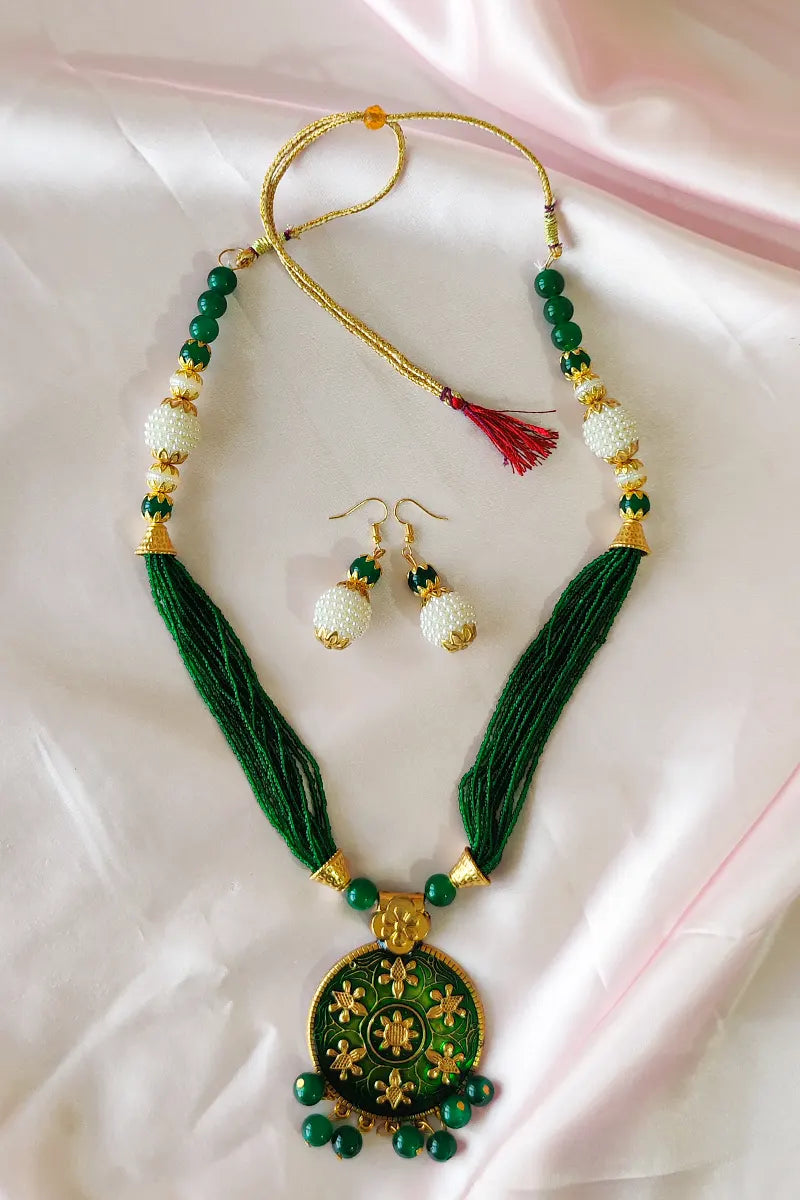 Fabnuma Handcrafted Green Golden Oxidize Plated Pendant Neckpiece & Dangle Earrings - Fabnuma