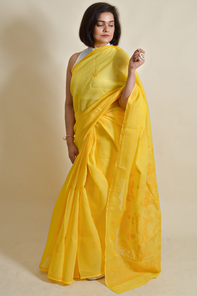 Fabnuma Handcrafted Yellow Cotton Chikankari Saree-Blouse - Fabnuma