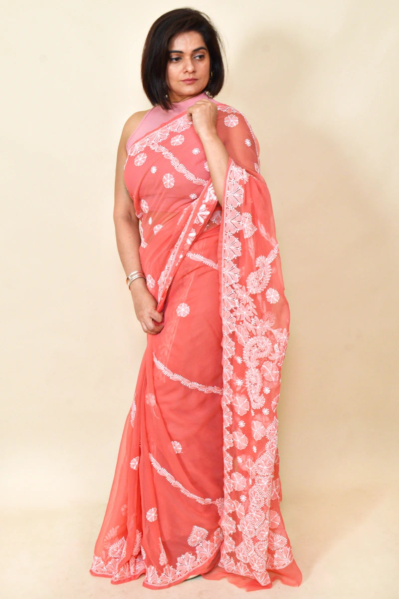 Fabnuma Handcrafted Carrot Red Georgette Chikankari Saree-Blouse - Fabnuma