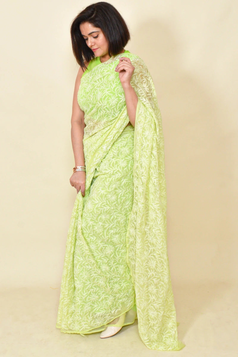 Fabnuma Handcrafted Green Georgette Tepchi Chikankari Saree-Blouse - Fabnuma
