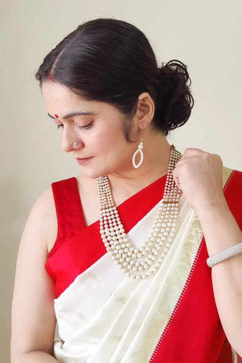 Fabnuma Handcrafted White Pearl Layer Neckpiece & Dangle Earrings - Fabnuma