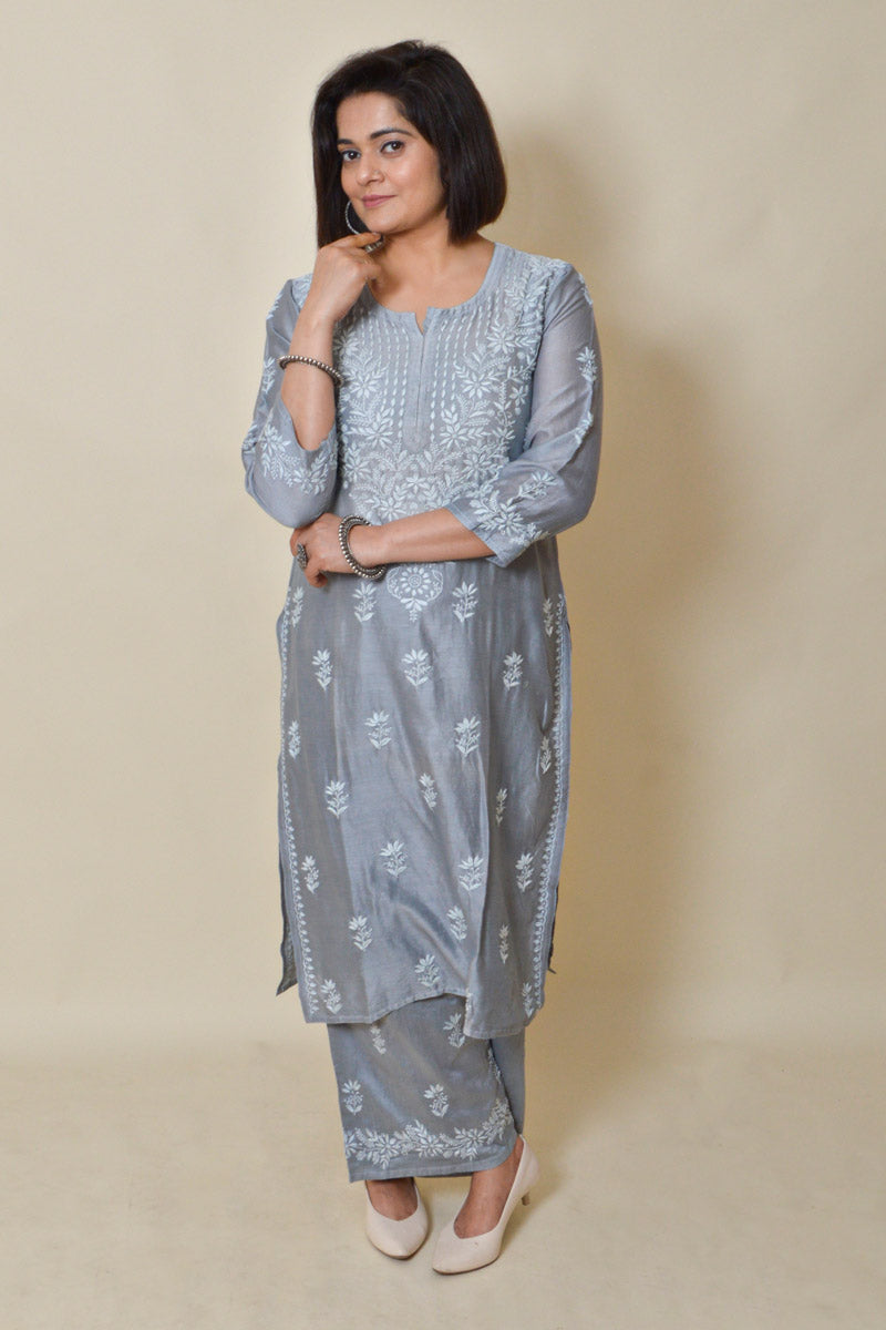 Fabnuma Handcrafted Gray Muslin Silk Chikankari Kurta Bottom Set - Fabnuma