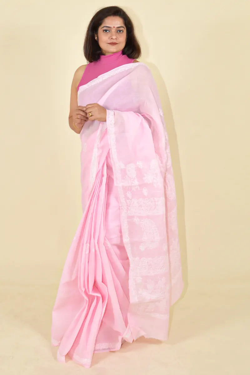 Fabnuma Handcrafted Pink Cotton Chikankari Saree-Blouse Fabnuma