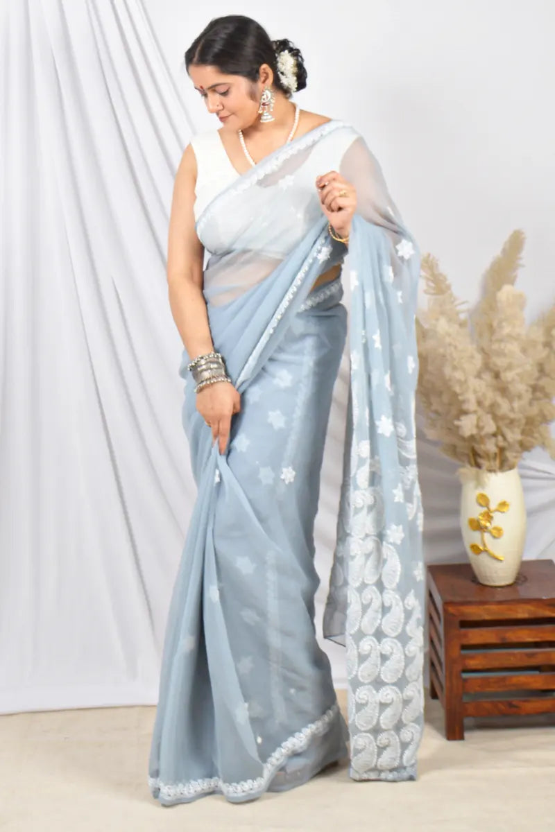 Fabnuma Handcrafted Gray Georgette Lucknowi Chikankari Saree with Blouse.