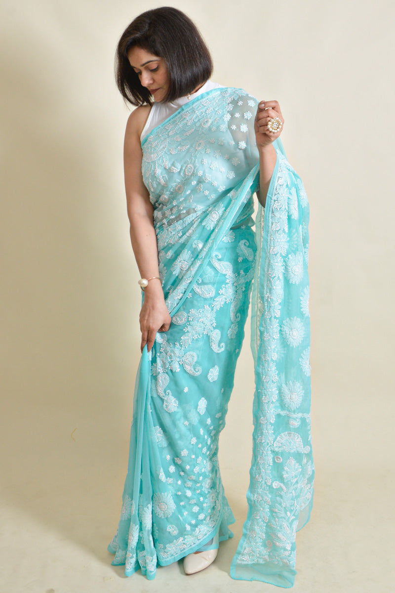 Fabnuma Handcrafted Aqua Green Georgette Chikankari Saree-Blouse - Fabnuma