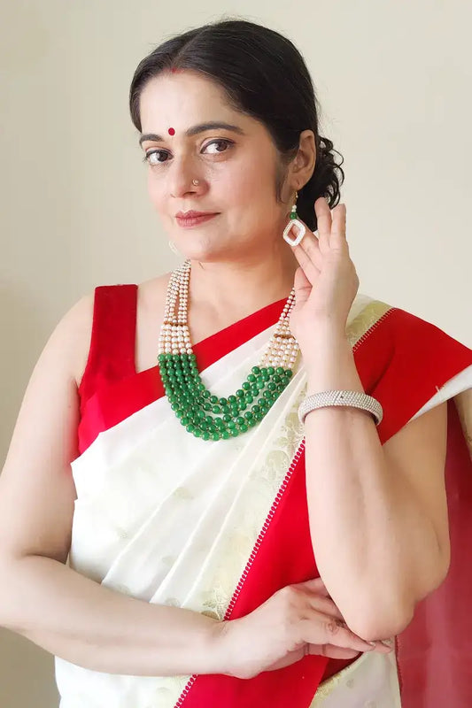 Fabnuma Handcrafted Green & White Layers Necklace & Dangle Earrings - Fabnuma