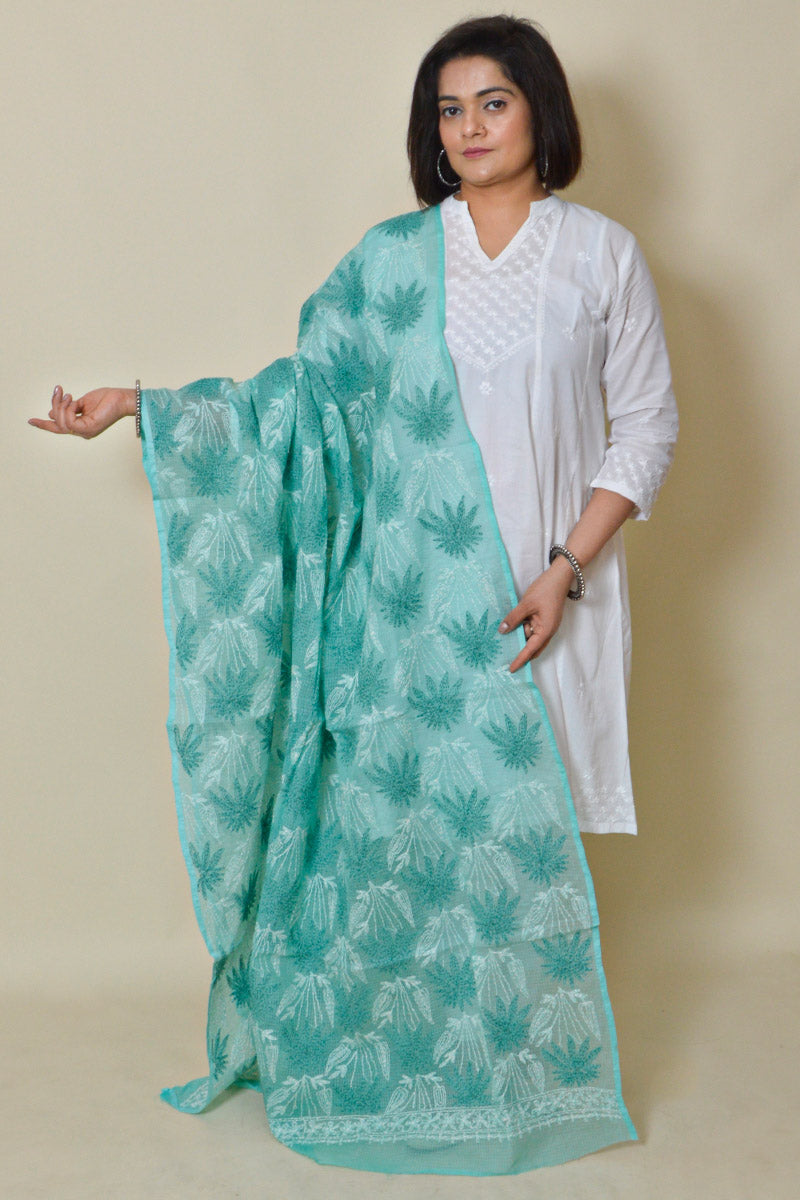 Fabnuma Handcrafted Sea Green Kota Cotton Chikankari Dupatta - Fabnuma