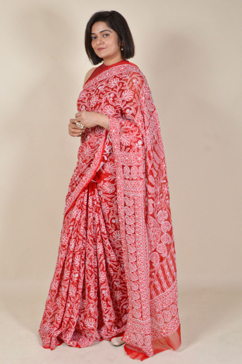Fabnuma Handcrafted Red Georgette Chikankari Saree-Blouse - Fabnuma