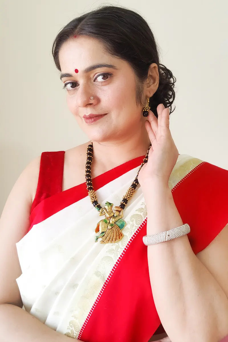 Fabnuma Handcrafted Black Glass Beads Neckpiece Radha Krishna Plated Pendant & Dangle Earrings - Fabnuma