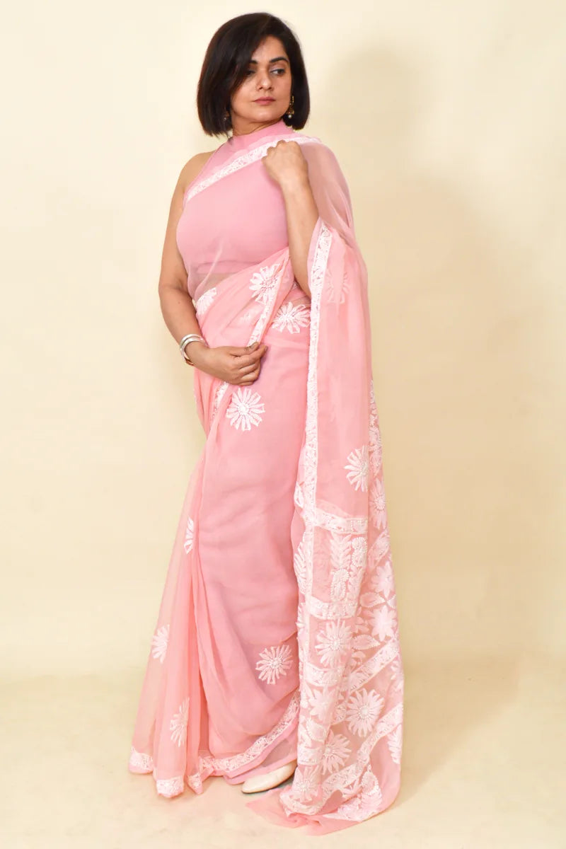 Fabnuma Handcrafted Peach Georgette Chikankari Saree-Blouse - Fabnuma