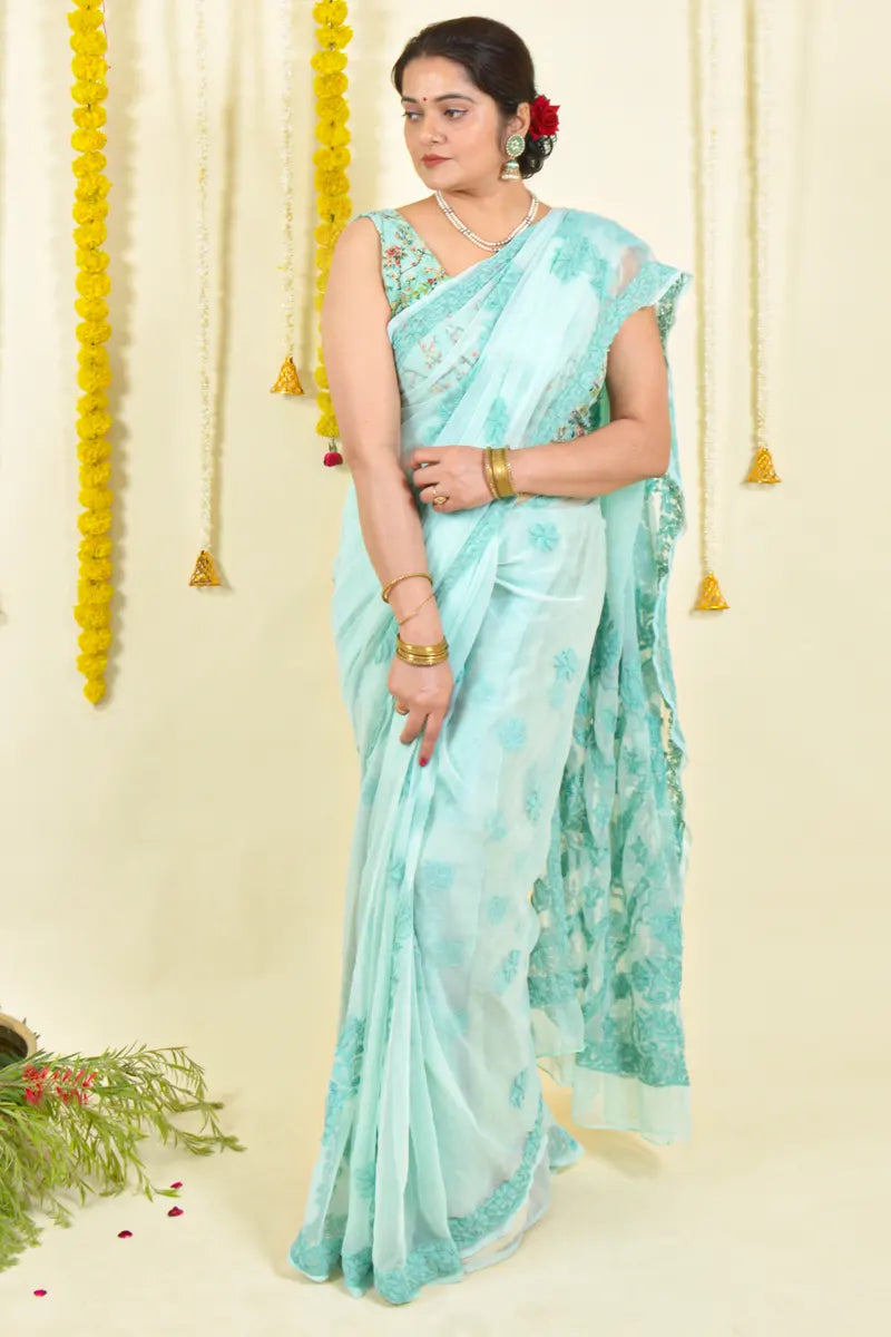 Fabnuma Handcrafted Sea Green Georgette Chikankari Saree-Blouse Fabnuma