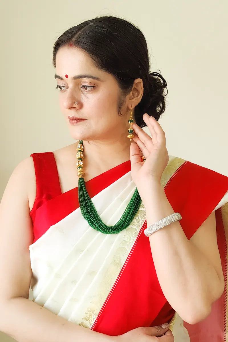 Fabnuma Handcrafted Green & Golden Beads Layer Neckpiece & Dangle Earrings - Fabnuma