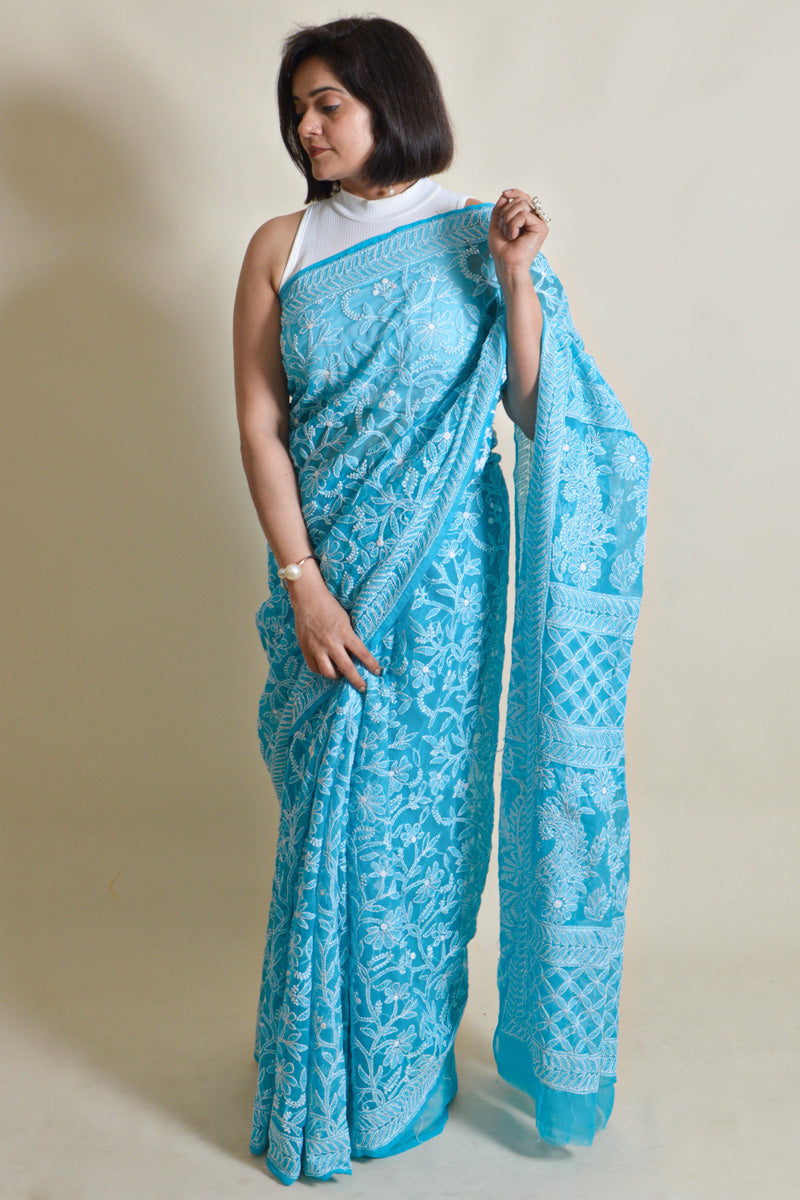 Fabnuma Handcrafted Turquoise Blue Georgette Chikankari Saree-Blouse - Fabnuma