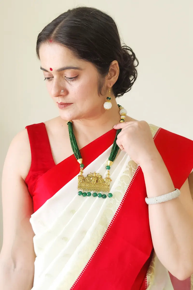 Fabnuma Handcrafted Green Neckpiece Golden Oxidise Pendant & Dangle Earrings - Fabnuma