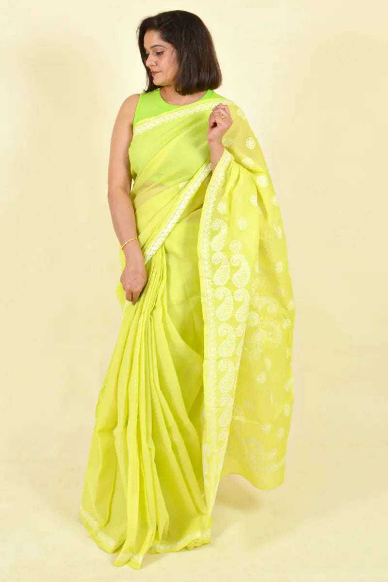 Fabnuma Handcrafted Lemon Green Cotton Chikankari Saree-Blouse - Fabnuma