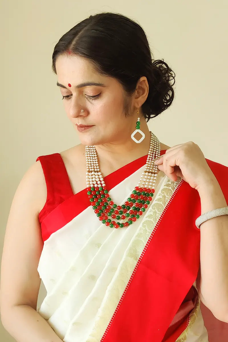 Fabnuma Handcrafted White-Red Green Pearl Layer Neckpiece-Dangle Earrings - Fabnuma