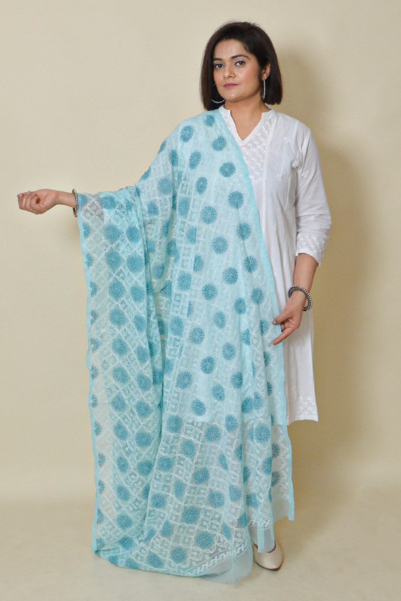 Fabnuma Handcrafted Sky Blue Georgette Allover Tepchi Chikankari Dupatta - Fabnuma