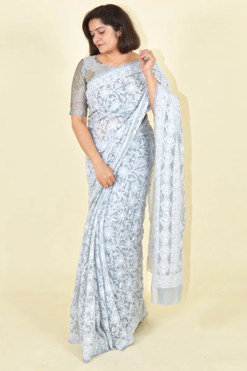 Fabnuma Handcrafted Gray Georgette Chikankari Saree-Blouse - Fabnuma