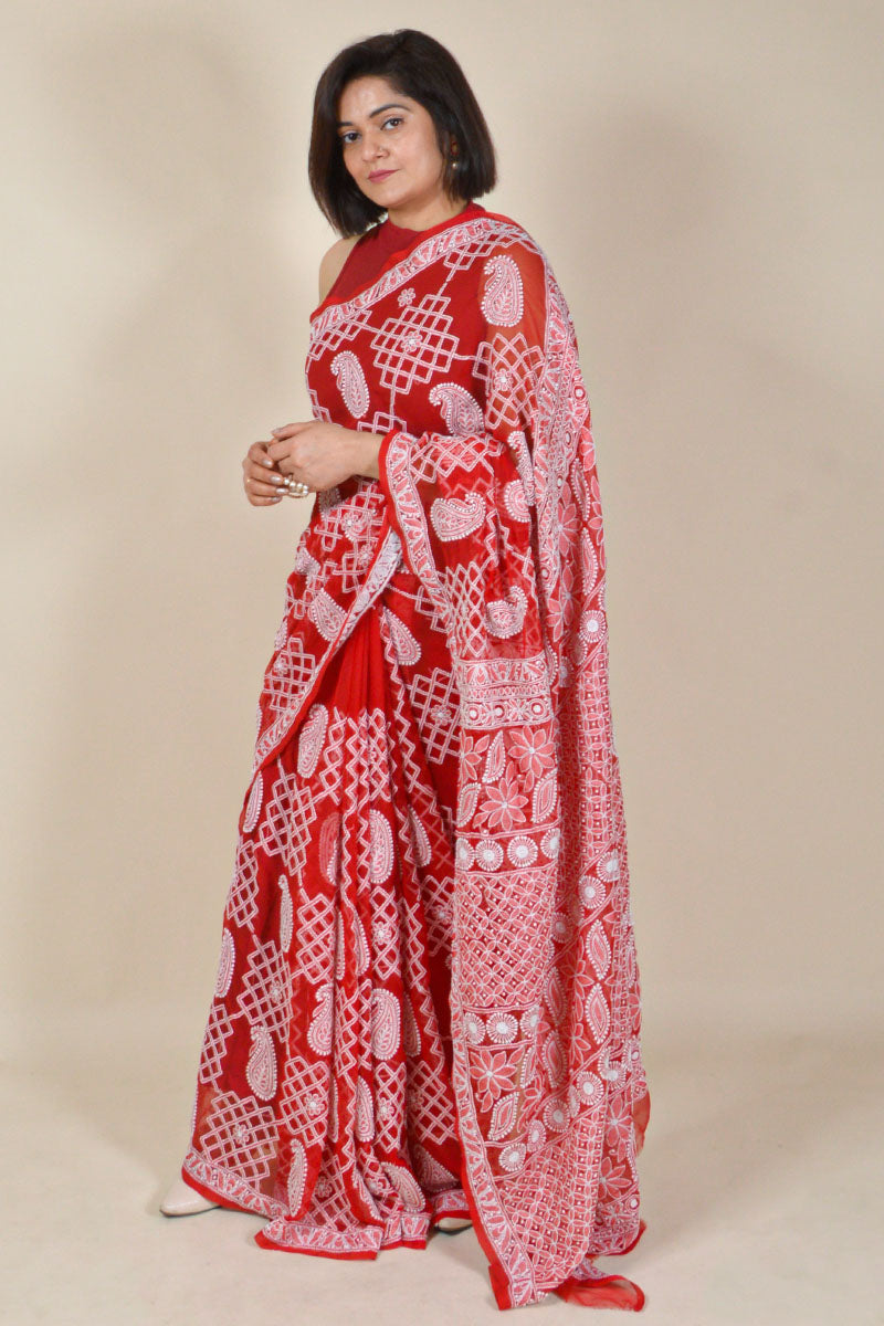 Fabnuma Handcrafted Red Georgette Chikankaree Saree-Blouse - Fabnuma
