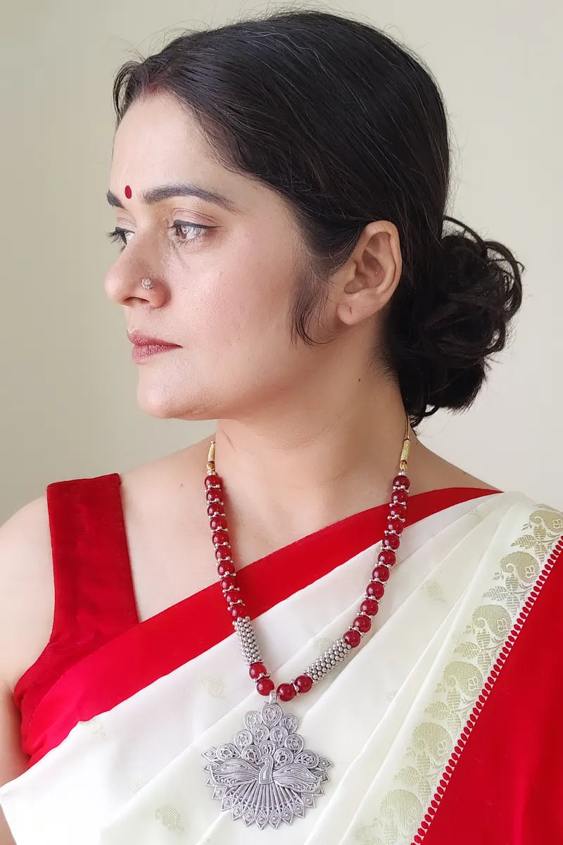 Fabnuma Handcrafted Red Beaded Neckpiece Oxidize Plated Pendant - Fabnuma