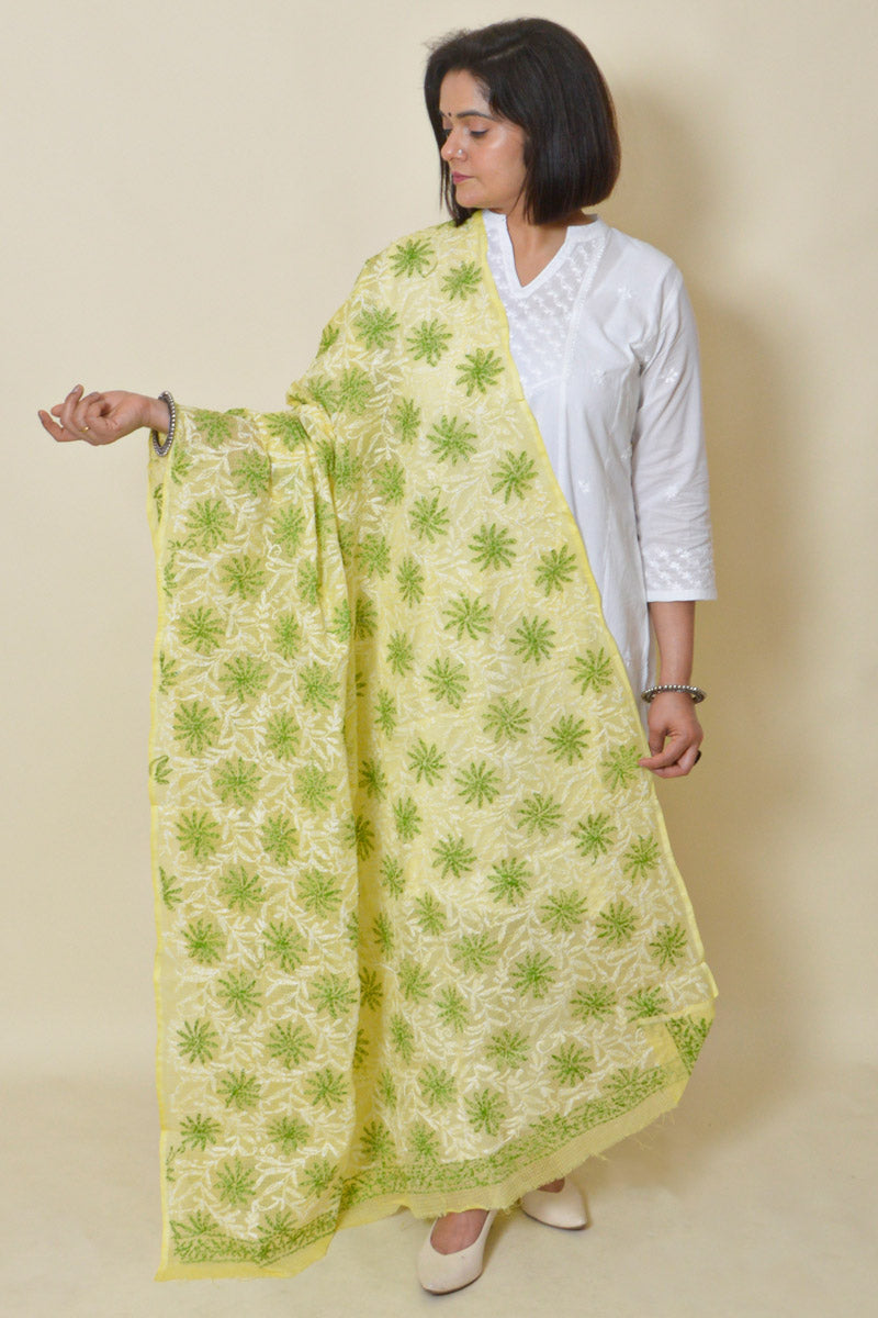 Fabnuma Handcrafted Yellow Kota Cotton Chikankari Dupatta - Fabnuma