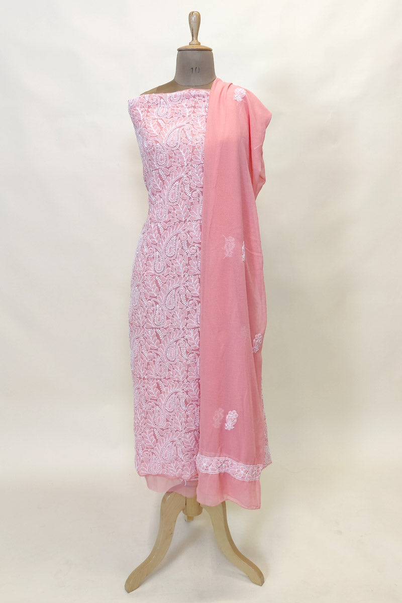 Fabnuma Handcrafted Peach Georgette Chikankari 3Pcs Unstiched Suit Set - Fabnuma