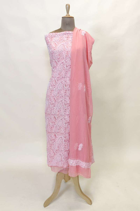 Fabnuma Handcrafted Peach Georgette Chikankari 3Pcs Unstiched Suit Set - Fabnuma