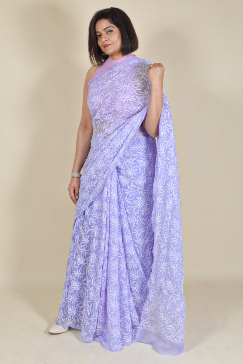 Fabnuma Handcrafted Lavender Georgette Tepchi Chikankari Saree-Blouse - Fabnuma