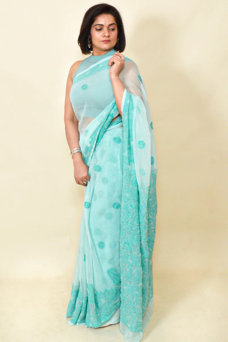 Fabnuma Handcrafted Aqua Green Georgette Chikankari Saree-Blouse - Fabnuma