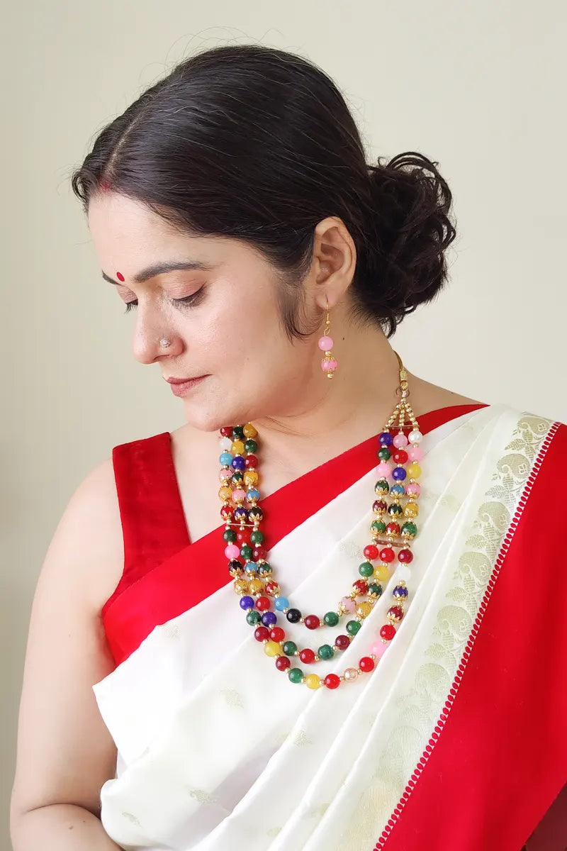 Fabnuma Handcrafted Multi Beaded Layer Neckpiece & Dangle Earrings - Fabnuma