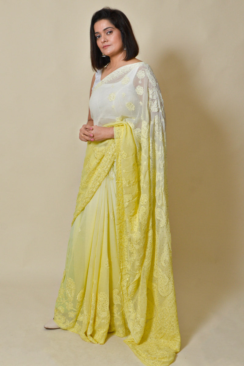 Fabnuma Handcrafted Shaded Lemon Viscose Chikankari Saree-Mukesh Work - Fabnuma