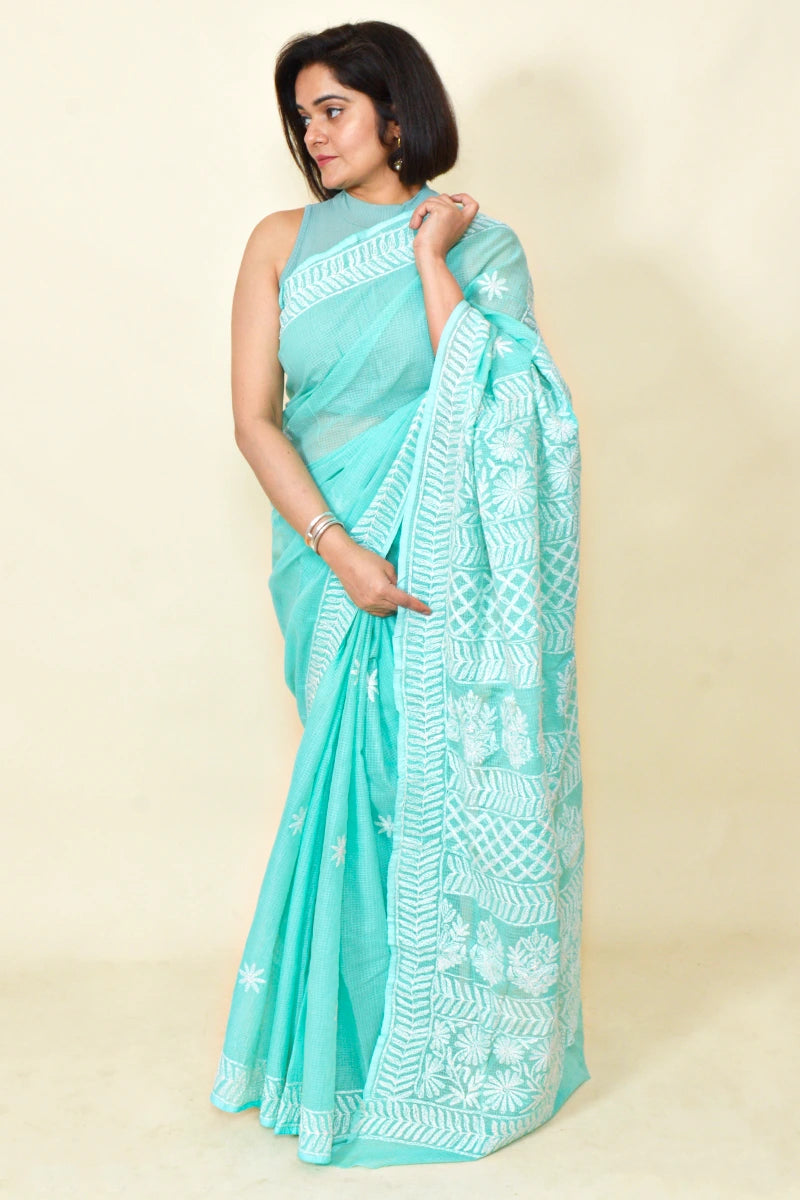 Fabnuma Handcrafted Sea Green Kota Cotton Chikankari Saree-Blouse - Fabnuma