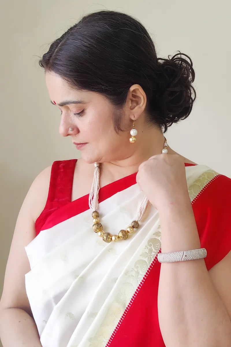 Fabnuma Handcrafted Golden White Beads Necklace & Dangle Earrings - Fabnuma